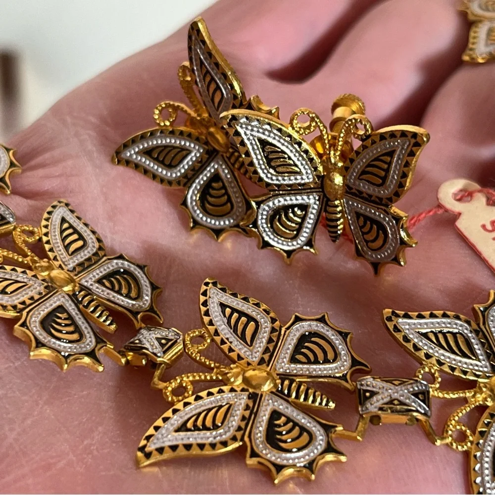 Art deco Gold Plated Spanish Damascene Butterfly vintage Necklace Earring set